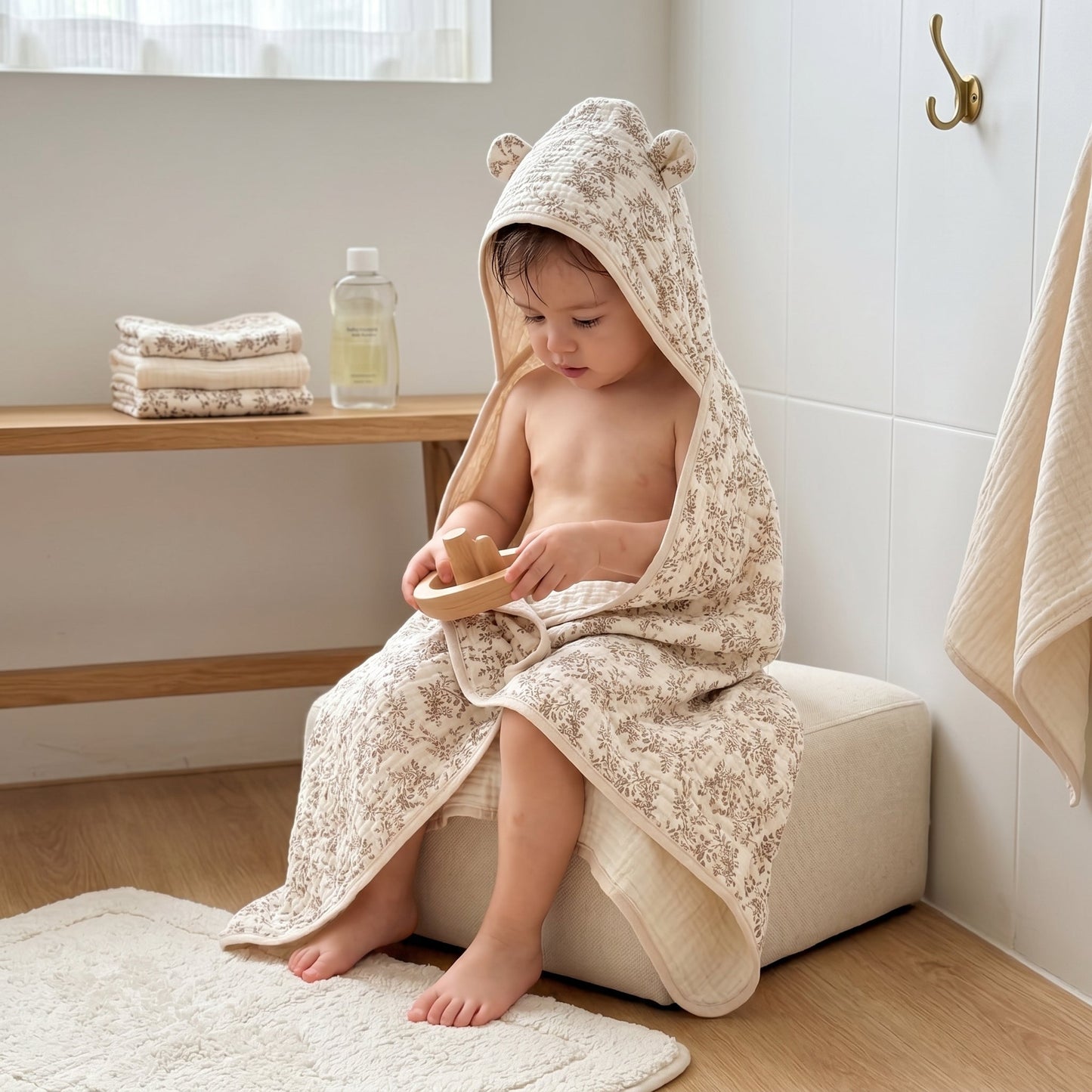 Baby Hooded Bath Towel – Floral Print Cotton Towel