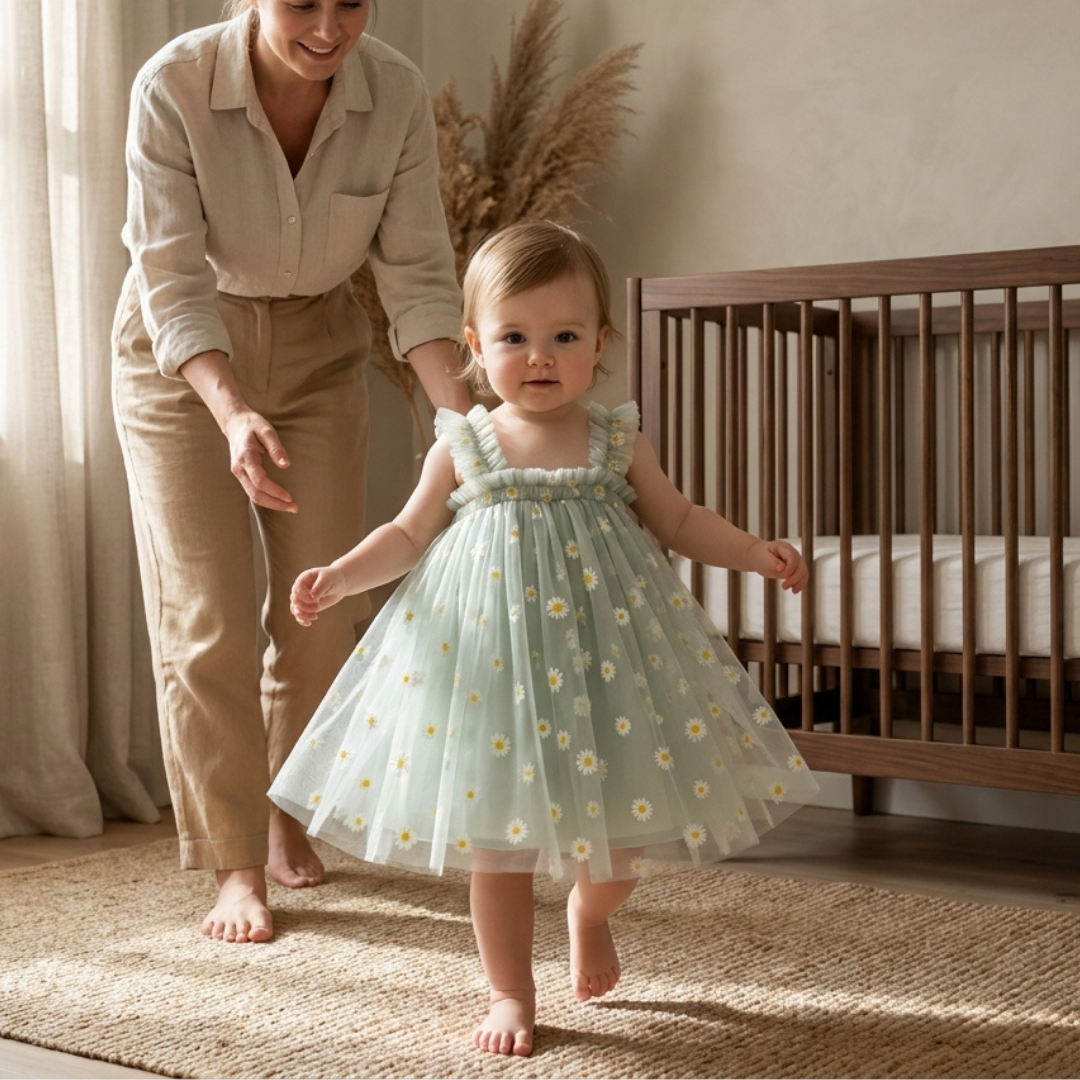 Girls Tulle Dress – Floral Daisy Print Party Dress