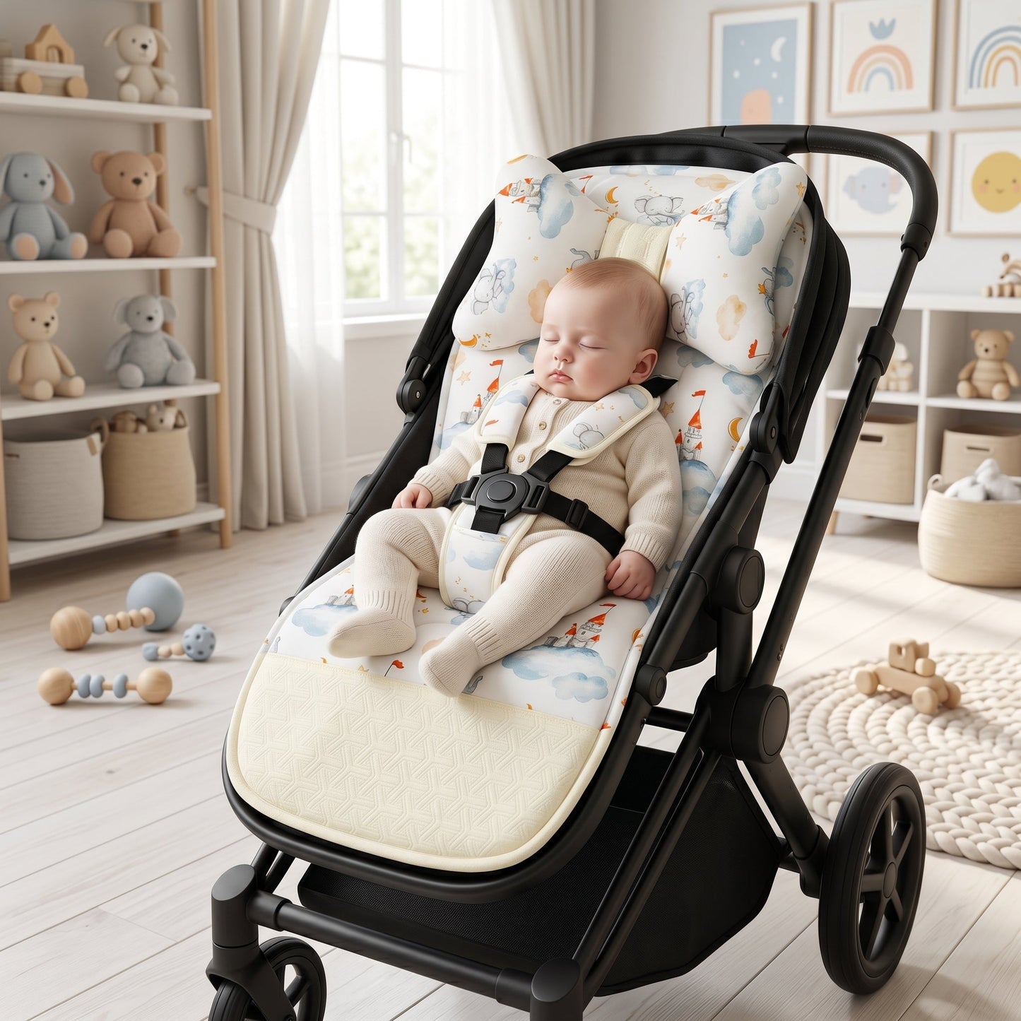 Soft Cotton Stroller Seat Cushion – Reversible Cartoon Liner