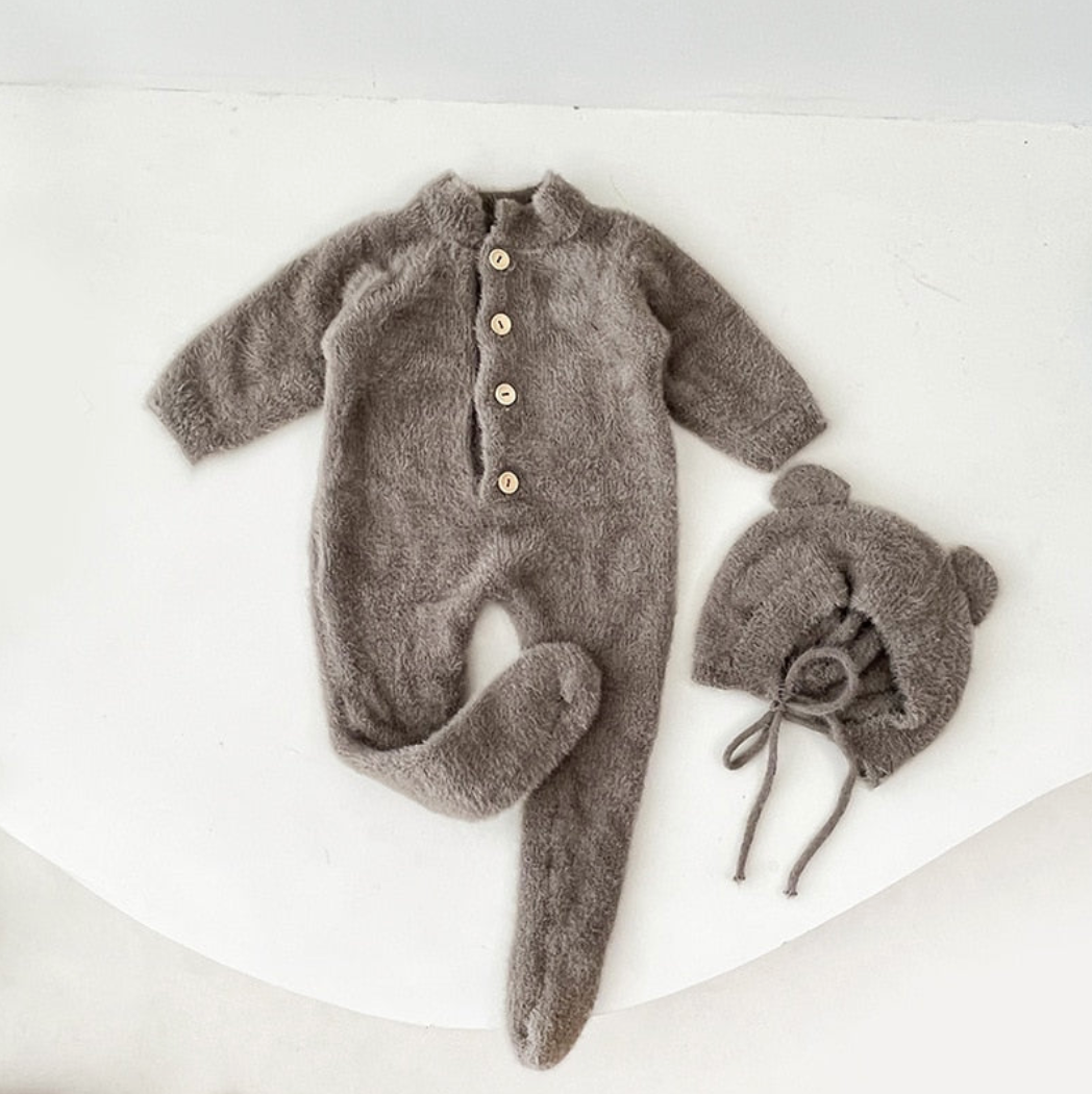 Baby Fluffy Bear Jumpsuit & Hat Set – Warm Fleece Outfit