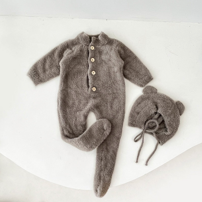 Baby Fluffy Bear Jumpsuit & Hat Set – Warm Fleece Outfit