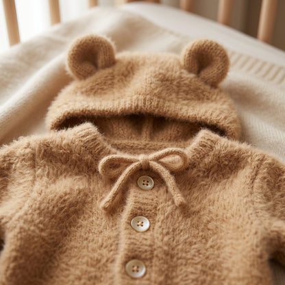 Baby Fluffy Bear Jumpsuit & Hat Set – Warm Fleece Outfit