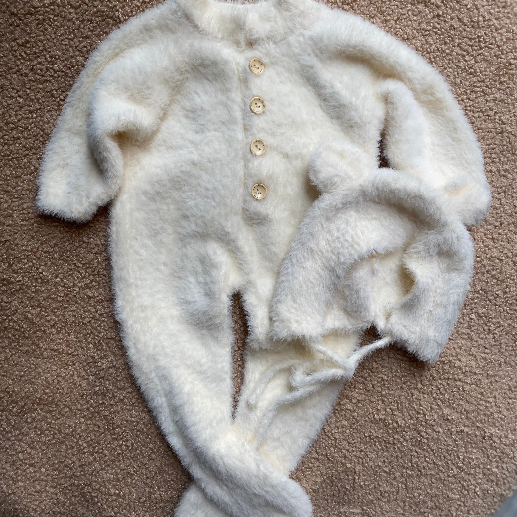 Baby Fluffy Bear Jumpsuit & Hat Set – Warm Fleece Outfit