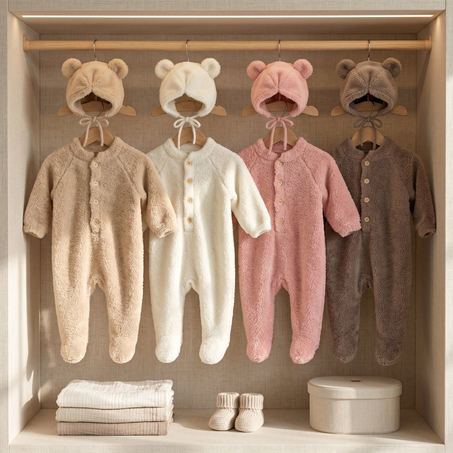 Baby Fluffy Bear Jumpsuit & Hat Set – Warm Fleece Outfit
