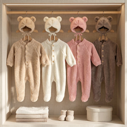 Baby Fluffy Bear Jumpsuit & Hat Set – Warm Fleece Outfit
