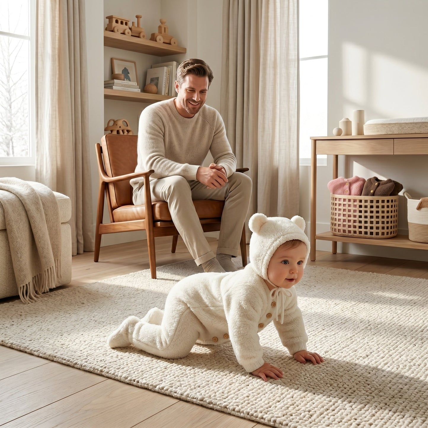 Baby Fluffy Bear Jumpsuit & Hat Set – Warm Fleece Outfit