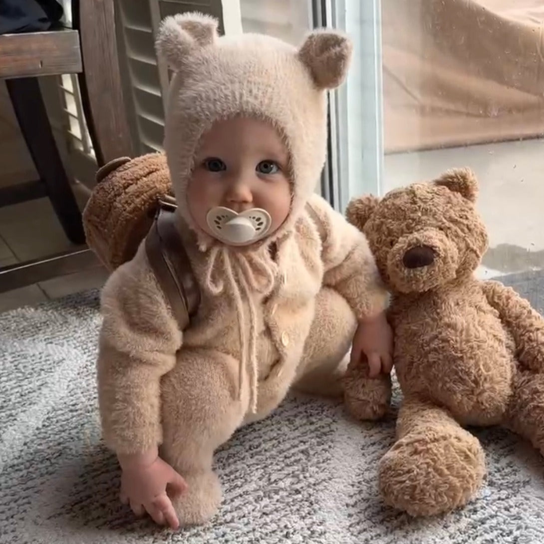 Baby Fluffy Bear Jumpsuit & Hat Set – Warm Fleece Outfit