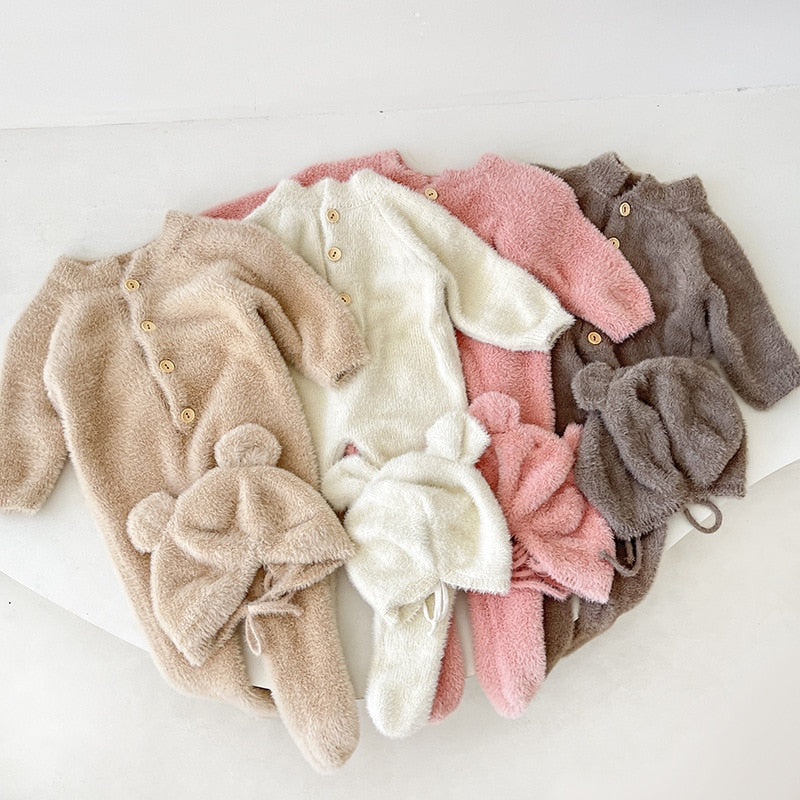 Baby Fluffy Bear Jumpsuit & Hat Set – Warm Fleece Outfit
