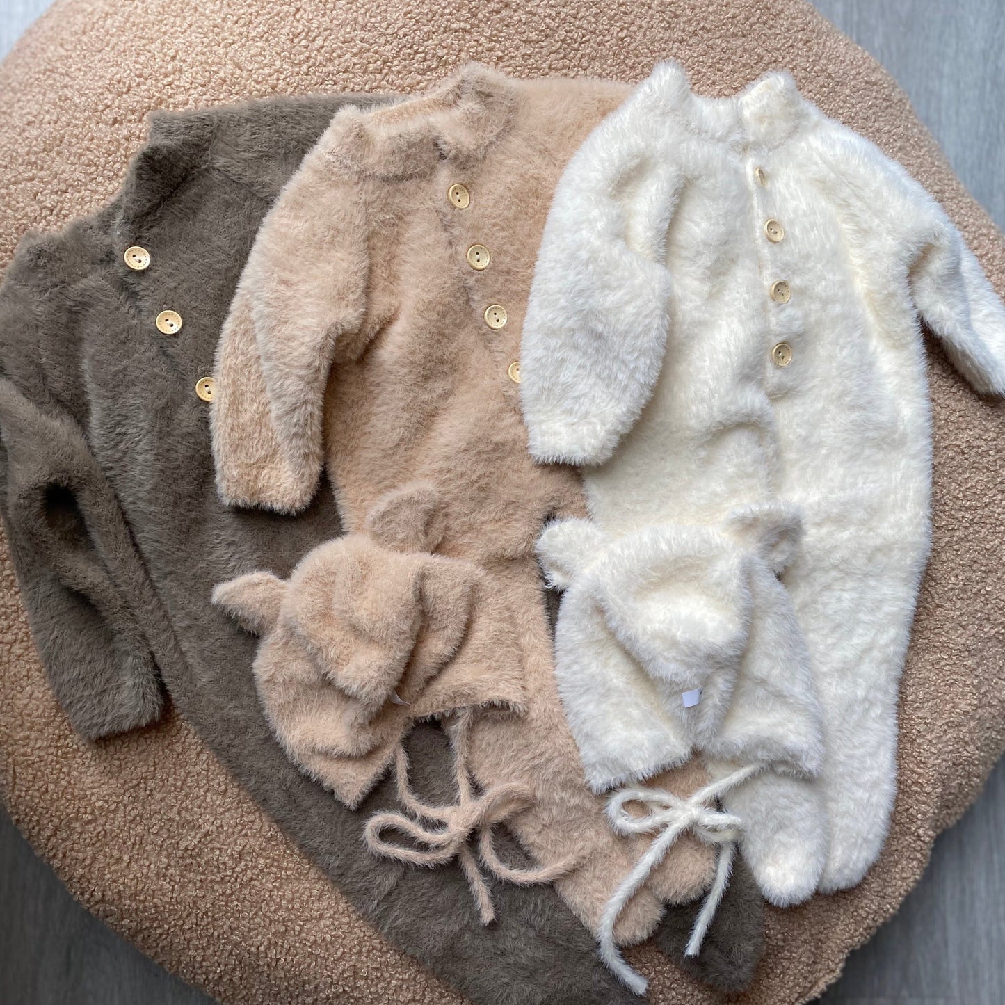 Baby Fluffy Bear Jumpsuit & Hat Set – Warm Fleece Outfit