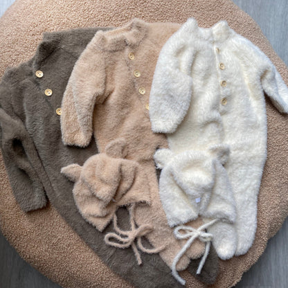Baby Fluffy Bear Jumpsuit & Hat Set – Warm Fleece Outfit