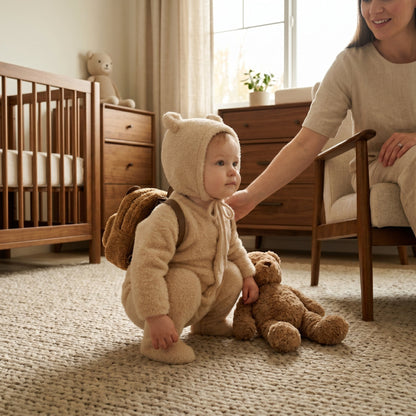 Baby Fluffy Bear Jumpsuit & Hat Set – Warm Fleece Outfit