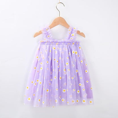 Girls Tulle Dress – Floral Daisy Print Party Dress