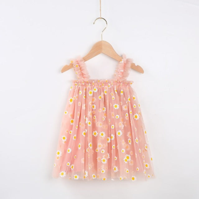 Girls Tulle Dress – Floral Daisy Print Party Dress