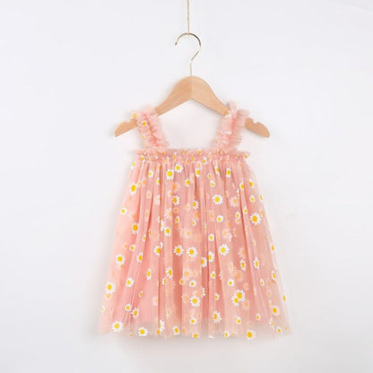 Girls Tulle Dress – Floral Daisy Print Party Dress