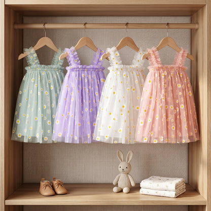 Girls Tulle Dress – Floral Daisy Print Party Dress