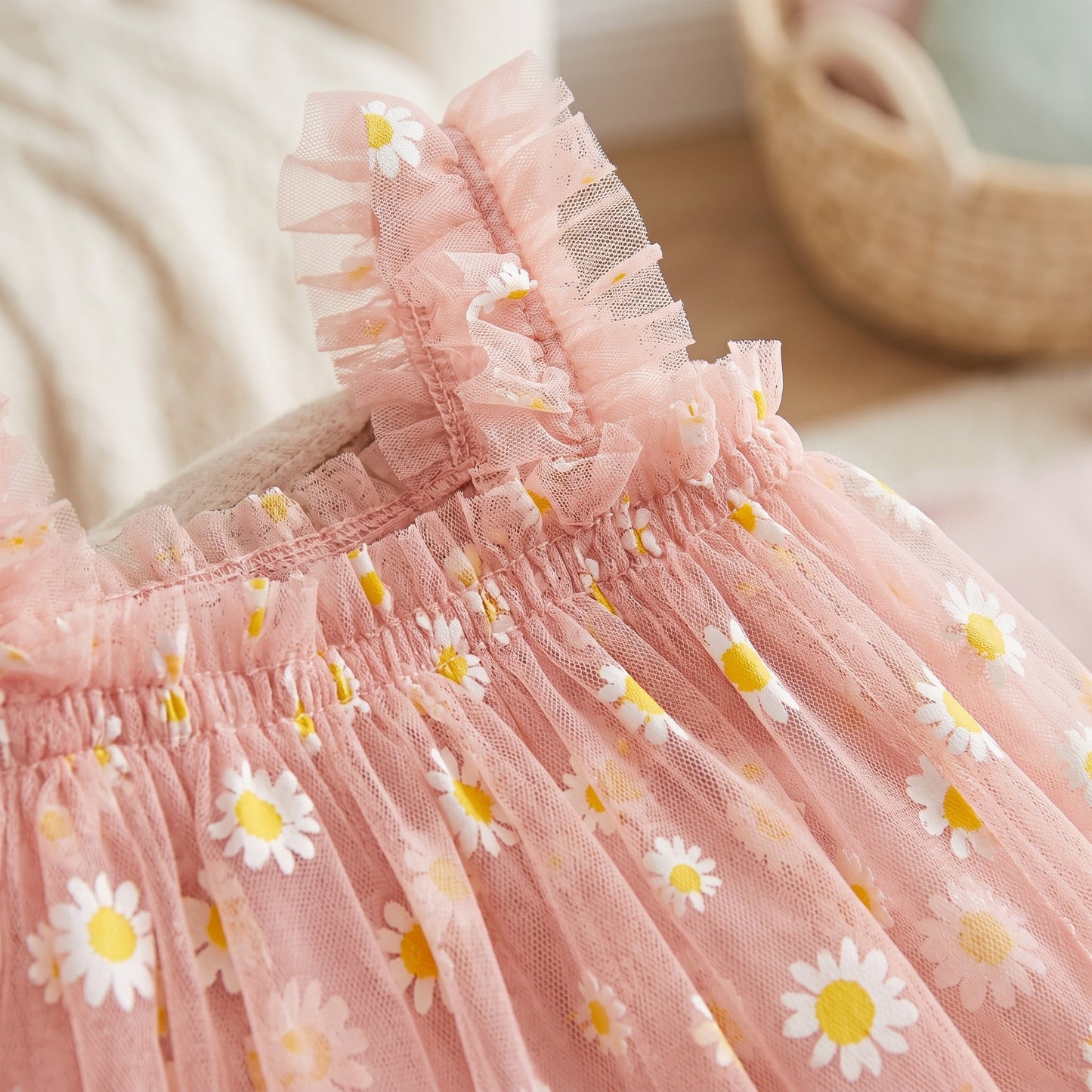 Girls Tulle Dress – Floral Daisy Print Party Dress